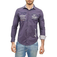 (M, Grau) Men's Embroidered Long Sleeve Shirt Modern Slim Fit Striped Kent Collar Smart Casual - Subliminal Mode BX508