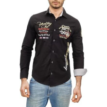 (L, Schwarz) Men's Embroidered Long Sleeve Shirt Modern Slim Fit Striped Kent Collar Smart Casual - Subliminal Mode BX508