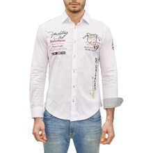 (S, Weiß) Men's Embroidered Long Sleeve Shirt Modern Slim Fit Striped Kent Collar Smart Casual - Subliminal Mode BX508