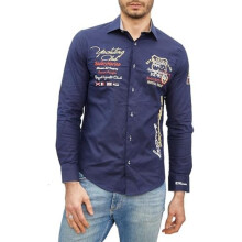 (M, Marineblau) Men's Embroidered Long Sleeve Shirt Modern Slim Fit Striped Kent Collar Smart Casual - Subliminal Mode BX508