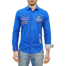(XL, Königsblau) Men's Embroidered Long Sleeve Shirt Modern Slim Fit Striped Kent Collar Smart Casual - Subliminal Mode BX508