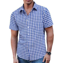 (E-weiß&blau, L) COOFANDY Men's Plaid Short Sleeve Shirt Casual Regular Fit Bavarian Trachten Shirt