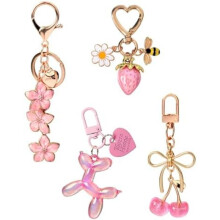 Cherry Keychain 4 Pack Pink Cute Bag Charm with Strawberry Flower Heart Aesthetic Keychain for Purse Backpack Wallet Girly Gift