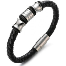 (Silber 18cm) Halukakah Boys Genuine Leather Bracelet Classic Black Gold Titanium Magnetic Clasp 7" 6-12Y Gift Box