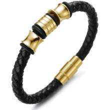 (Gold 18cm) Halukakah Boys Genuine Leather Bracelet Classic Black Gold Titanium Magnetic Clasp 7" 6-12Y Gift Box