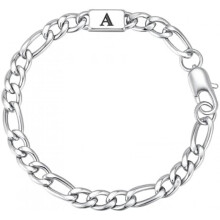 (A) Brand Letter Armband - Stainless Steel Chain Bracelet for Men Boys - A-Z Initial - Silver - Gift for Dad Son Brother
