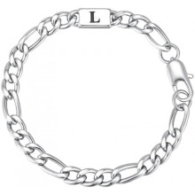 (L) Brand Letter Armband - Stainless Steel Chain Bracelet for Men Boys - A-Z Initial - Silver - Gift for Dad Son Brother