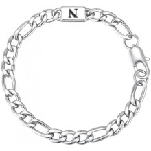 (N) Brand Letter Armband - Stainless Steel Chain Bracelet for Men Boys - A-Z Initial - Silver - Gift for Dad Son Brother