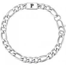 (P) Brand Letter Armband - Stainless Steel Chain Bracelet for Men Boys - A-Z Initial - Silver - Gift for Dad Son Brother