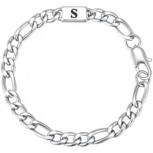 (S) Brand Letter Armband - Stainless Steel Chain Bracelet for Men Boys - A-Z Initial - Silver - Gift for Dad Son Brother
