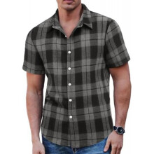 (C-schwarz&grau, L) COOFANDY Men's Plaid Short Sleeve Shirt Casual Regular Fit Bavarian Trachten Shirt