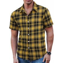 (D-schwarz&gelb, L) COOFANDY Men's Plaid Short Sleeve Shirt Casual Regular Fit Bavarian Trachten Shirt