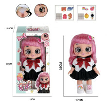 13 inch pink haired sweet student 5D glasses doll with music, hair clip, and DIY shoe flower toys