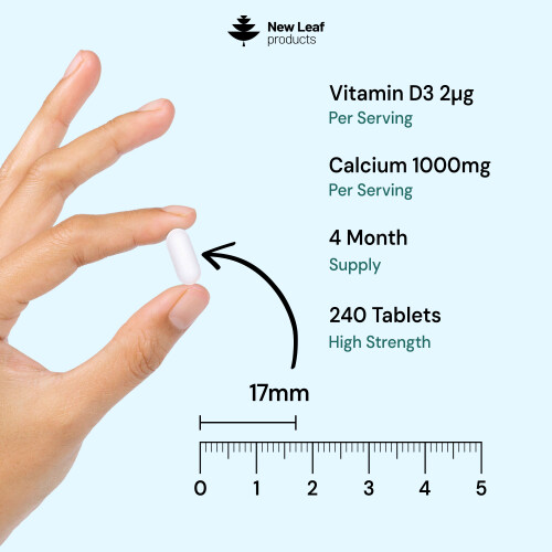 New Leaf Product Calcium with Vitamin D3 1000mg P/S High Strength 240 Tablets, Vegan, UK Made, GMO Free 2