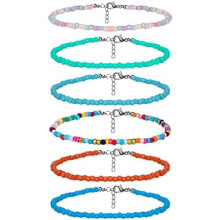 SAVITA Handmade Beaded Anklet Boho Colorful Glass Beads Adjustable Elastic Foot Chain for Women Beach