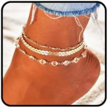 (Gold) Ushiny Boho Anklet for Women 3 Pcs Rhinestone Foot Chain Summer Beach Jewelry