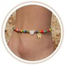 (W) FUNEIA Anklet for Women Colorful Bead Anklets Waterproof Heart Letter Charms Boho Handmade Adjustable Beach Foot Jewelry Gift for Girls