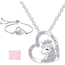 2Pcs Unicorn Heart Necklace Kit with Bracelet and Gift Box, Unicorn Gifts Jewelry for Girls Mom Daughter Granddaughter