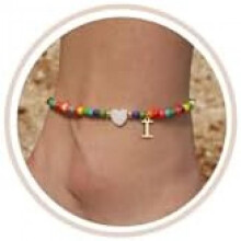 (I) FUNEIA Anklet for Women Colorful Bead Anklets Waterproof Heart Letter Charms Boho Handmade Adjustable Beach Foot Jewelry Gift for Girls