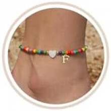 (F) FUNEIA Anklet for Women Colorful Bead Anklets Waterproof Heart Letter Charms Boho Handmade Adjustable Beach Foot Jewelry Gift for Girls