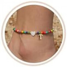 (T) FUNEIA Anklet for Women Colorful Bead Anklets Waterproof Heart Letter Charms Boho Handmade Adjustable Beach Foot Jewelry Gift for Girls