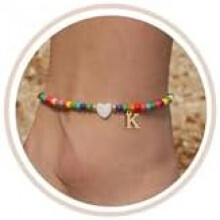 (K) FUNEIA Anklet for Women Colorful Bead Anklets Waterproof Heart Letter Charms Boho Handmade Adjustable Beach Foot Jewelry Gift for Girls
