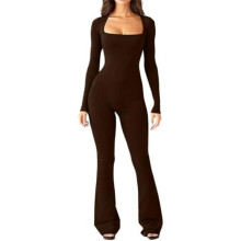 (01 Braun, S) PVUCPOT Women's Long Sleeve Jumpsuit Square Neck Tummy Control Yoga Romper Black S