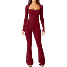(01 Rot, XL) PVUCPOT Women's Long Sleeve Jumpsuit Square Neck Tummy Control Yoga Romper Black S