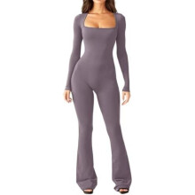(01 Grau, L) PVUCPOT Women's Long Sleeve Jumpsuit Square Neck Tummy Control Yoga Romper Black S