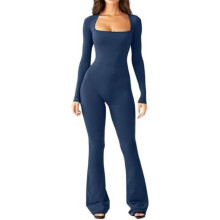 (01 Marine, L) PVUCPOT Women's Long Sleeve Jumpsuit Square Neck Tummy Control Yoga Romper Black S