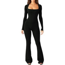 (01 Schwarz, S) PVUCPOT Women's Long Sleeve Jumpsuit Square Neck Tummy Control Yoga Romper Black S