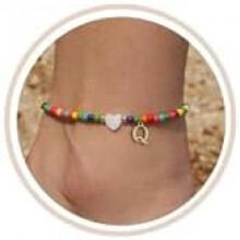 (Q) FUNEIA Anklet for Women Colorful Bead Anklets Waterproof Heart Letter Charms Boho Handmade Adjustable Beach Foot Jewelry Gift for Girls
