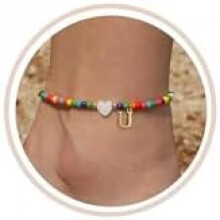 (U) FUNEIA Anklet for Women Colorful Bead Anklets Waterproof Heart Letter Charms Boho Handmade Adjustable Beach Foot Jewelry Gift for Girls