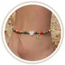 (G) FUNEIA Anklet for Women Colorful Bead Anklets Waterproof Heart Letter Charms Boho Handmade Adjustable Beach Foot Jewelry Gift for Girls