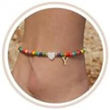 (Y) FUNEIA Anklet for Women Colorful Bead Anklets Waterproof Heart Letter Charms Boho Handmade Adjustable Beach Foot Jewelry Gift for Girls