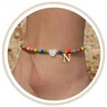 (N) FUNEIA Anklet for Women Colorful Bead Anklets Waterproof Heart Letter Charms Boho Handmade Adjustable Beach Foot Jewelry Gift for Girls