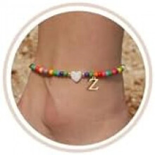 (Z) FUNEIA Anklet for Women Colorful Bead Anklets Waterproof Heart Letter Charms Boho Handmade Adjustable Beach Foot Jewelry Gift for Girls