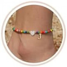 (J) FUNEIA Anklet for Women Colorful Bead Anklets Waterproof Heart Letter Charms Boho Handmade Adjustable Beach Foot Jewelry Gift for Girls