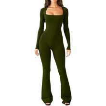 (01 Grün, S) PVUCPOT Women's Long Sleeve Jumpsuit Square Neck Tummy Control Yoga Romper Black S