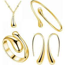(Gold) Women's Water Drop Jewelry Set 4 Pieces Silver Gold Teardrop Pendant Necklace Earrings Bracelet Rings for Women Girls