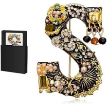 (S) Women's Letter Brooch Rhinestone Elegant Pin with Gift Box for Jacket Hat Scarf Bag