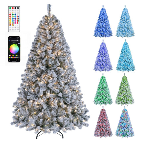 Costway Flocked Artificial Fir Xmas Tree with 300 Pre-Lit RGB LED Lights