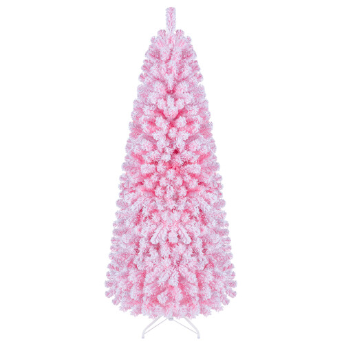 Costway Pink Flocked Pencil Christmas Tree Hinged Artificial Fir Xmas Tree