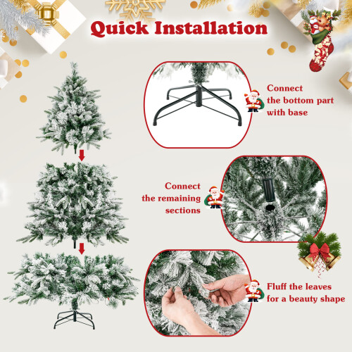 Costway Artificial Xmas Tree Flocked Christmas Tree with Pine Needles 2