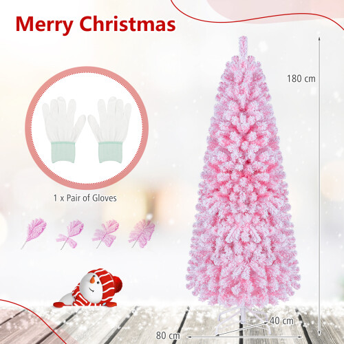 Costway Pink Flocked Pencil Christmas Tree Hinged Artificial Fir Xmas Tree 2