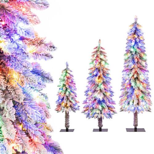 Costway Artificial Christmas Tree Set Flocked Xmas Tree Set 2
