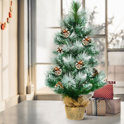 Costway Snow Flocked Pine Artificial Christmas Tree Pine Cone Xmas Decoration 1
