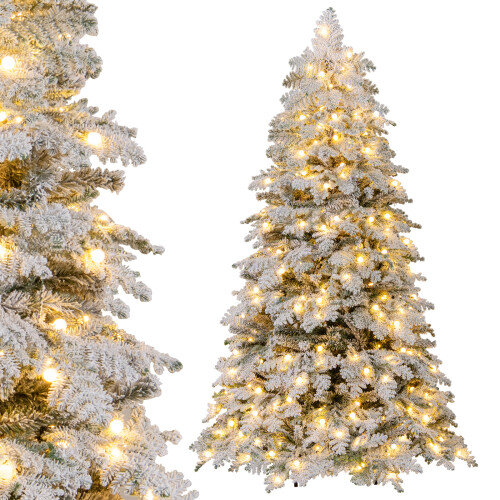 Costway Pre-Lit Artificial Christmas Tree Hinged Snow Flocked Xmas Tree 1
