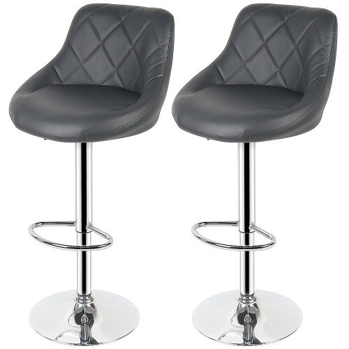 Set of 2 Bar Chairs Bar Stools PU Leather Chrome Breakfast Chairs Grey