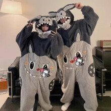 (gray, L) Cute bubu Onesie Pajamas for Couples Winter Coral Fleece Thick Plush Lounge Wear Set